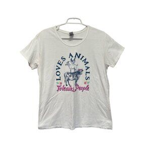 Loves Animals Tolerates People White Graphic T-Shirt Gildan XL Cotton Blend